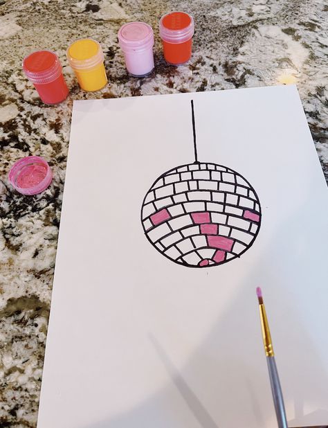 Mirrorball Painting Easy, Preppy Easy Paintings, Disco Ball Painting Easy, Mirrorball Painting, Disco Painting, Taylor Swift Painting Easy, Disco Ball Painting, Valentines Tea Party, Pink Canvas Art