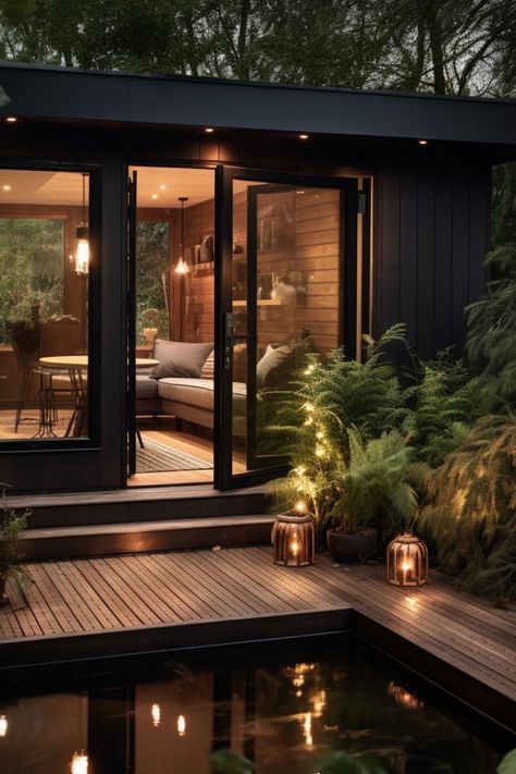 There's something special, warm and inviting about seeing a garden room glowing at the bottom of your garden, which our creative team have captured beautifully with this AI-powered design.⁠ All our ideas are fully buildable, based on our tried & tested designs - see our website portfolio for finished builds. ⁠ #intothegardenroom #gardenrooms #gardencabins Outdoor Garden Rooms Ideas, Garden Room Ideas Interior Design Decor, Garden Room Interiors Ideas, Garden Studio Ideas, Garden Office Interior, Office Garden Outdoor, Modern Garden Room, Garden Room Design, Garden Office Ideas