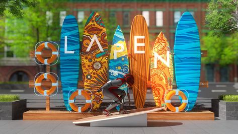 LaPen Center Vung Tau - #OutDoorDecor on Behance Summer Art Installation, Summer Activation, Surf Room Decor, Photowall Ideas, Boho Bar, Selfie Wall, Summer Window, Booth Decor, Photo Zone