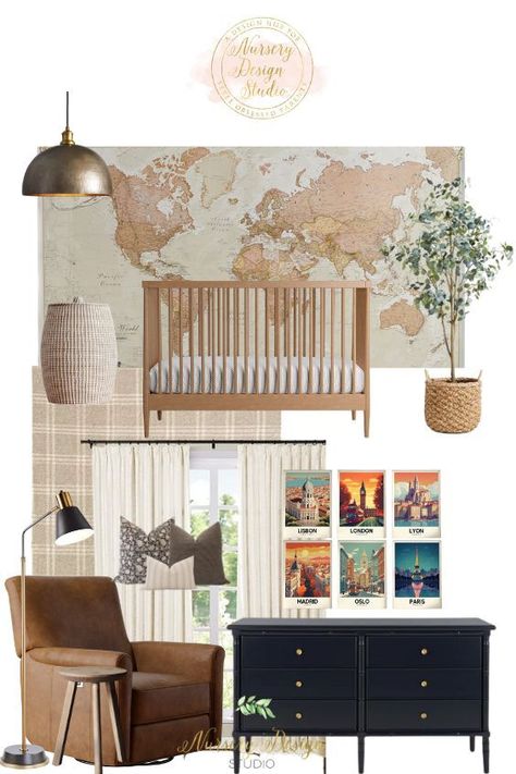 Portfolio Archive - Nursery Design Studio Beautiful Nursery Ideas, Decorating With Brown, Checkered Nursery, Nursery Design Board, Explorer Nursery, Nook Design, Travel Themed Room, Nursery Nook, Travel Theme Nursery