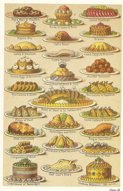 Victorian Cookbook - "Mrs Beeton's Everyday Cookery"  note: tongue garnished & half calf's head Culinary Illustration, Victorian Food, Victorian Recipes, Historic Recipes, Images Noêl Vintages, Recipe Album, Victorian Life, Piskel Art, Vintage Cooking