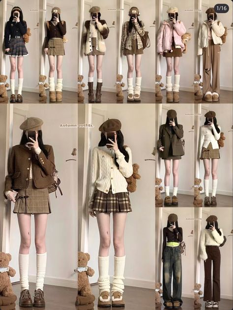 Cute Winter Outfits Aesthetic Skirts, Kawaii Autumn Outfits, Y2k Kawaii Outfits, Korea Autumn Fashion, Japan Casual Outfits, Autumn Outfits In Korea, Korean Fashion Autumn, Peony Aesthetic, Simple Style Outfits