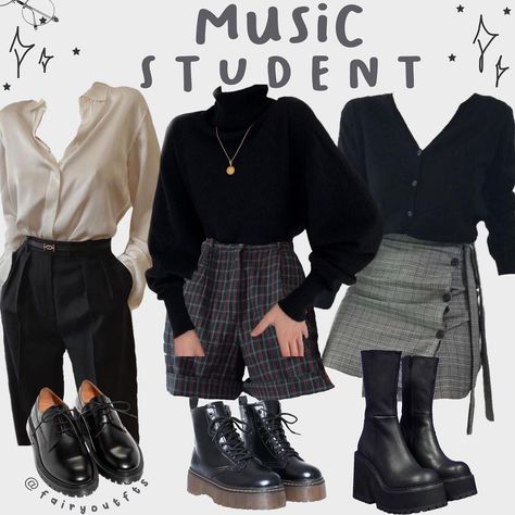 credit: @fairyoutfts on ig | music student college outfit inspo university fashion classes college class outfits Music Class Outfit, Music Outfit Aesthetic, Fashion Student Outfit Aesthetic, Musical Academia Outfit, Outfit To Class College, Clothes For Class College, Outfit Ideas College University, Clothes For University Outfits, Uni Style Student