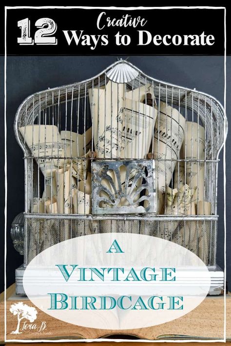 Got an old birdcage? Here are 12 fun ways to decorate it for a unique home decor accent! Birdcage Display Ideas, Wooden Birdcage Decor Ideas, How To Decorate An Old Birdcage, Decorating With A Bird Cage, French Country Bird Cage Decor, Metal Cage Decor, Outdoor Birdcage Ideas, Gothic Birdcage Decor, Metal Bird Cage Decor Ideas