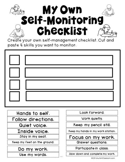 This behavior chart is great for students to use a hands on method, as well as individualized choice to decide what he or she would like to work on. Four items is a reasonable number, in which students can make significant improvement without feeling like they are trying to focus on too many things at once. Social Skills Worksheets, Worksheets For Adults, Future Educator, Therapeutic Interventions, Behaviour Strategies, Esl Classroom, Self Monitoring, Behavior Interventions, Social Skills Activities