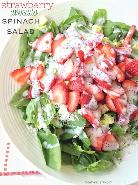 Strawberry Avocado Spinach Salad- so delicious, colorful, and has a homemade poppyseed dressing that is to. die. for!! www.togetherasfamily.com Strawberry Avocado Spinach Salad, Avocado Spinach Salad, Dill Pickle Pasta Salad, Ramen Salad, Strawberry Avocado, Poppyseed Dressing, Ranch Pasta Salad, Beautiful Salad, Spinach Strawberry Salad