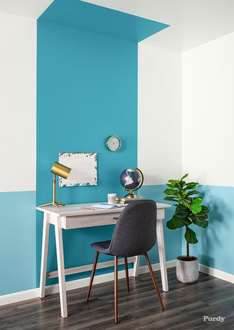 Project - Paint a Color Block Wall | Purdy Colorblocked Walls, Colour Blocking Interior, Office Wall Colors, Color Block Wall, Wall Paint Ideas, Home Office Colors, Interior Design Color, Wall Paint Designs, Block Wall