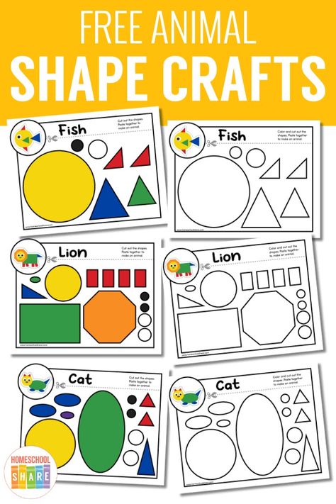 Animal Shape Crafts - Homeschool Share Animal Shapes Craft, Shape Art Lessons For Kindergarten, Shape Pictures Kindergarten, Shapes Preschool Crafts Art Projects, Using Shapes To Make A Picture, Shape Art Elementary, Preschool Shapes Theme, The Shape Of Things Book Activities, Color By Shape Preschool Free Printables