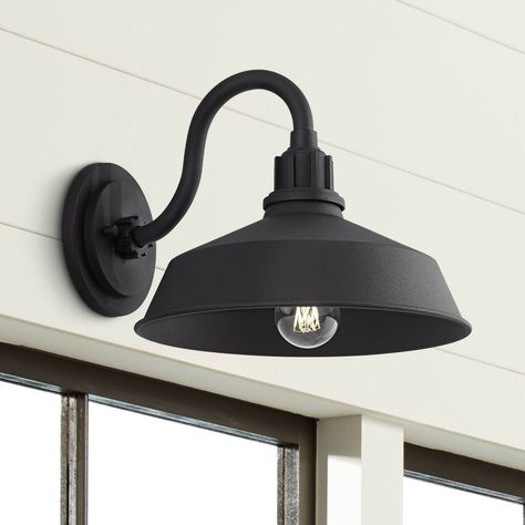 A careful balance of rusticity and elegance, this farmhouse sconce light from the Franklin Iron Works™ brand is the perfect addition to your indoor spaces. It features a classic urban barn style, with a curving neck and broad shade over the light bulb. The rustic and charmingly old-fashioned feel is ideal for kitchens, hallways, mud rooms and more. It comes in a textured black finish and has an open bottom allowing for easy bulb access. Wall Mount Light Over Kitchen Sink, Kitchen Sink Lighting, Rustic Wall Lighting, Farmhouse Style Lighting, Sink Lights, Farmhouse Light Fixtures, Black Barn, Barn Light, Indoor Lighting Fixtures