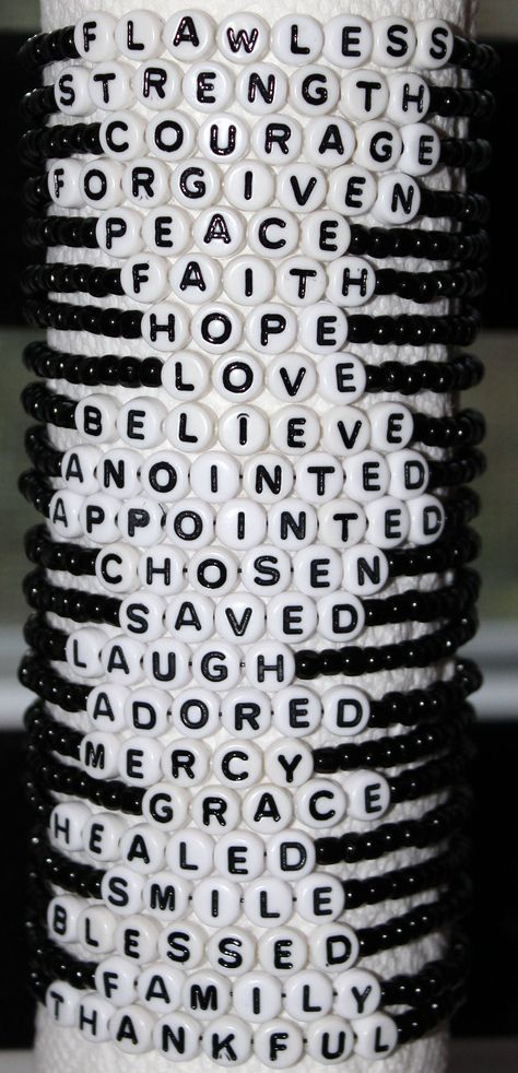 *NOTICE: I have had to do a slight increase in prices. I appreciate all my return customers. I hope to continue to give you the same great service. God Bless. This is for an inspiring words bracelet made with black seed beads(6/0) strung on strong jewelry stretch cord.  CHOOSE YOUR WORD: ANY WORD or NAME is available(except filth or vulgar) Just leave the name(s)/word(s) you would like in the personalization box area when ordering SIZING: ANY SIZE is available on this type bracelet This is where Words To Write On Bracelets, Phrases To Put On Bracelets, Beaded Bracelets With Names, Bracelet Ideas Beaded Inspiration, Bead Word Bracelet Ideas, Bracelet Quotes Words, Letter Beads Bracelet, Name Bracelet Beads, Bracelet Names Ideas