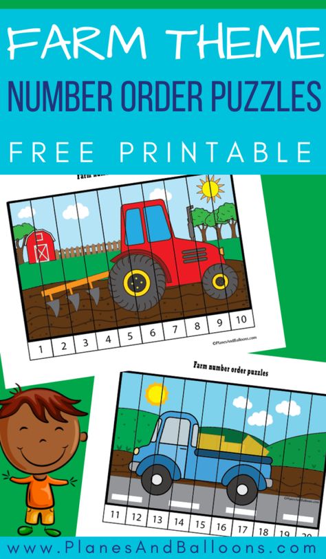 Free printable puzzles for farm theme in preschool! Fun number order activities for numbers 1-10 and 11-20. #prek #preschool #farm #planesandballoons Farm Vehicles Preschool, Number Puzzles 11-20 Free, Preschool Puzzles Free Printable, Number Puzzles 1-20, Number Puzzles 1-10 Free Printable, Number Order Activities, Preschool Number Puzzles, Ordering Activities, Preschool Number Activities