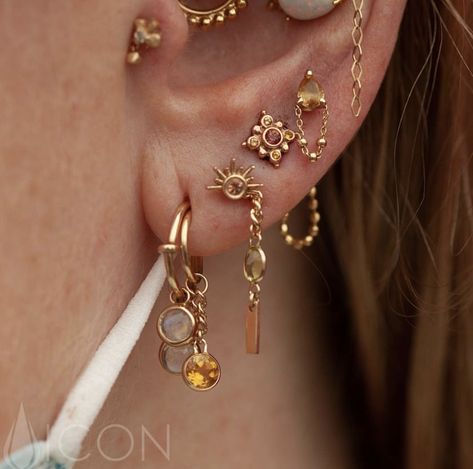 Lots Ear Piercings, Asymmetrical Ear Piercings, Ear Piercing Curation, Bvla Jewelry, Ear Stacks, Curated Ear, Piercing Inspo, Cool Ear Piercings, Pretty Ear Piercings