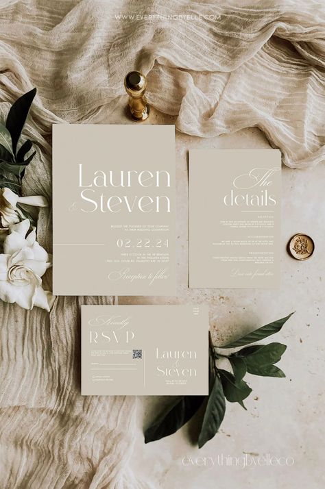 Wedding Invitation Cards Minimal, Neutral Wedding Invites, Wedding Invitations Beige, Beige Wedding Invitations, Beige Wedding Theme, Wedding Invite Suite, Link Edit, Invite Suite, Mobile Editing