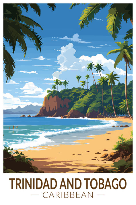 Vintage-inspired poster of Trinidad and Tobago, featuring iconic landscapes and cultural elements in a retro art style, perfect for those who love unique decor. Island Poster, Carribean Cruise, Wanderlust Decor, City Cartoon, Caribbean Art, Caribbean Island, Caribbean Travel, Island Vibes, Dream Travel Destinations