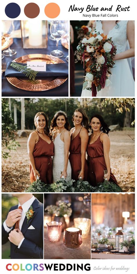 Blue Rust Wedding, Navy Blue Fall Wedding, Copper Wedding Colors, Rust Bridesmaid Dresses, Blue Fall Wedding, Rust Tie, Earth Tone Wedding, Rust Wedding, Wedding Plate