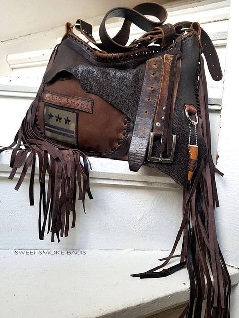 *New leather hobo bag - Fully handmade, artistic piece made by Sweet Smoke Bags * Made of natural few tones/ kinds of brown, Italian rustic distressed leather * Lined with cotton fabric * Interior pocket * Metal zip top closure * Handmade fringe * Decorative front of bag with natural Shabby Chic Bags, Distressed Leather Bag, Steampunk Bag, Western Bag, Upcycled Bag, Unique Handbags, Handbags Luxury, Leather Gear, Hippie Bags