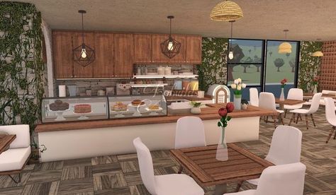 Bloxburg Cafe Table Ideas, Bloxburg Buffet Ideas, Bloxburg Cafe Seating Ideas, Boo Burg Cafe Ideas, Bloxburg Small Restaurant Layout, Bloxburg Restaurant Layout 2 Story, Blocksburg Restaurant Ideas, Bloxburg Cafe Kitchen Ideas, Bloxburg Coffee Shop Ideas Interior