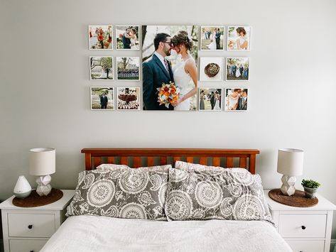 “After six years of being married and having the one large print only in the centre, I finally got more printed for our bedroom using @mixtiles! Love them and highly recommend! 😍”  Pic via IG: cagphotography Bedroom Decor Couple Photos, Couple Photos In Bedroom Wall Ideas, Couple Photo Frames On The Wall Bedroom, Couple Picture Wall Ideas, Bedroom Wall Decor Above Bed For Couples, Photo Frames On The Wall Bedroom Beds, Married Couple Bedroom Decor Ideas, Wedding Picture Wall Ideas Living Rooms, Couple Photo Frame Ideas For Bedroom