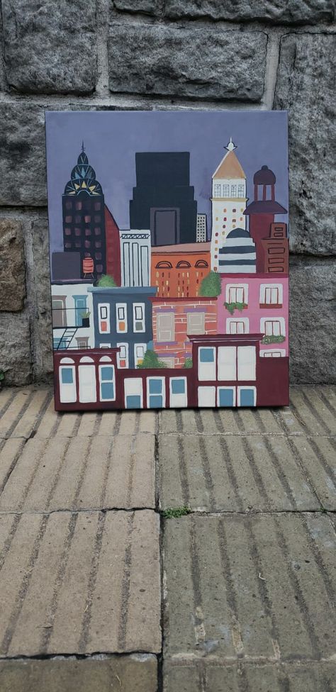 New York city painting. A creativity inspired in a Pinterest Pin Easy Building Painting, City Skyline Painting Acrylic, Travel Canvas Painting Ideas, Building Canvas Painting, How To Paint A City Skyline Easy Diy, New York Skyline Painting Easy, New York Canvas Painting, Painted City Scape, Nyc Canvas Painting