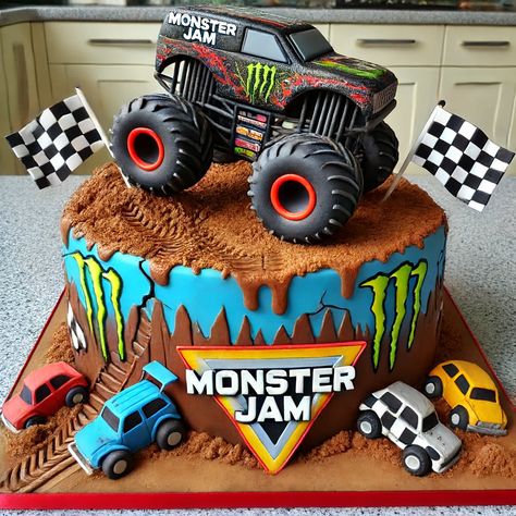 Monster Jam Birthday Cake Images 2 Monster Truck Drip Cake, Monster Truck Birthday Cake Ideas, Toro Loco Birthday Party, Monster Jam Cakes For Boys, Cake Monster Truck, Monster Jam Birthday Party Ideas, Monster Jam Birthday Cake, Leo Cake, Monster Jam Cake