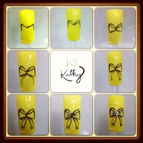 Bow Nail Art Tutorial, Nail Art Bow Designs, Step By Step Nail Art For Beginners, Step By Step Nail Designs, Bow Nail Art Designs, Nail Art Bow, Diy Natural Nails, Girly Coquette Aesthetic, Pikachu Nails