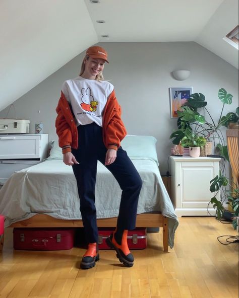 Orange Doc Martens Outfit, Orange Boots Outfit, Ganni Boots Outfit, Ganni Boots, Red Doc Martens, Martens Outfit, Orange Boots, Doc Martens Outfit, Orange Outfit