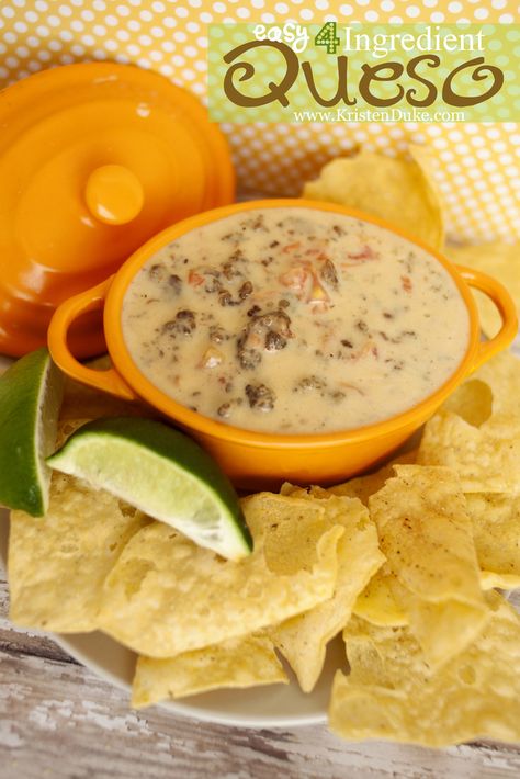 This most delicious Easy 4 Ingredient Queso is sure to be a crowd pleaser! Velveeta Queso, Queso Recipe, 4 Ingredient Recipes, Cream Of Mushroom Soup, Queso Dip, Cream Of Mushroom, 4 Ingredient, Great Appetizers, Yummy Dips