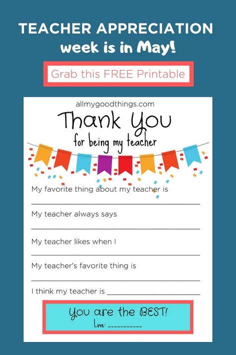 Teacher Appreciation Week is in the month of May. Click Download this FREE printable and have your children answer this cute thank you questionnaire. #teacherappreciation #printable #thankyou Teacher Appreciation Week Free Printable, Teacher Appreciation Letter, Free Teacher Appreciation Printables, Teacher Questionnaire, Appreciation Letter, Teacher Appreciation Printables, Teacher Must Haves, Appreciation Printable, First Year Teachers