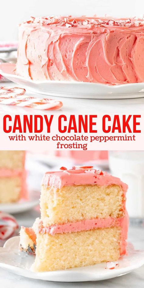 Candy Cane Cake, Peppermint Frosting, Candy Cane Recipe, Perfect Christmas Dessert, Cake Flour Substitute, Peppermint Recipes, Peppermint Cake, White Chocolate Peppermint, Moist Vanilla Cake