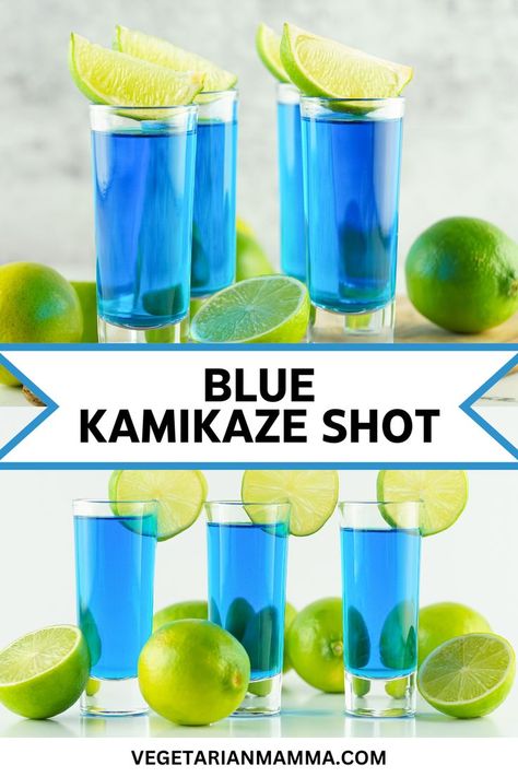 A Blue Kamikaze Shot is a vibrant and refreshing cocktail that will definitely impress your guests! Made with three simple ingredients, this drink not only tastes amazing but also boasts a fun, eye-catching color. Mix vodka, blue curaçao, and lime juice for a delightful burst of flavor in every shot. Whether you're hosting a party or just craving a colorful drink, these blue shooters are sure to be a hit. Blue Curacao Jello Shots, Blue Shots Alcohol, Raspberry Jello Shots, Kamikaze Shot, Blue Kamikaze, Blue Curacao Drinks, Kamikaze Cocktail, Rum Shots, Vodka Blue