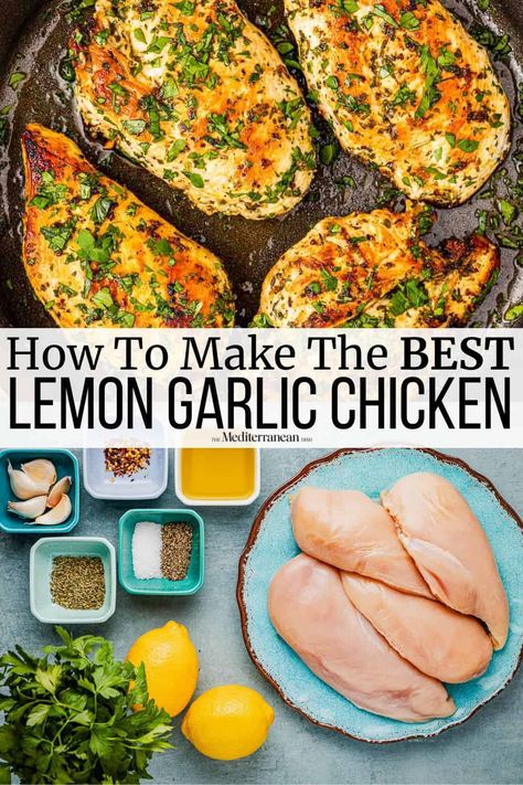 Lemon garlic chicken is juicy and flavorful thanks to a bold marinade. Learn how to pan-sear chicken with this easy lemon chicken recipe. Lemon Garlic Chicken Marinade, Lemon Garlic Chicken Breast, Lemon Chicken Breast Recipes, Garlic Chicken Marinade, Easy Lemon Chicken Recipe, Lemon Chicken Marinade, Healthy Lemon Chicken, Mediterranean Chicken Recipes, Grilled Lemon Chicken