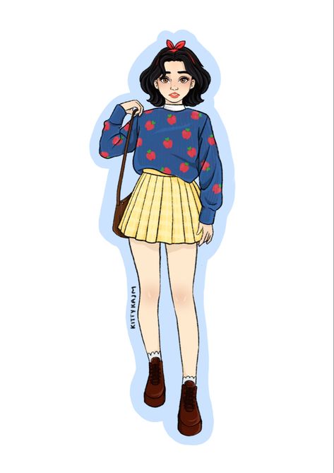 Bow headband, Snow White, Disney, yellow check skirt, apple sweater, short fluffy hair Disney Bounding Snow White, Modern Snow White Outfit, Blue Princess Dresses, Modern Day Snow White, Modern Snow White, Disneyland Fits, Bounding Outfits, Snow White Outfits, Snow White Apple