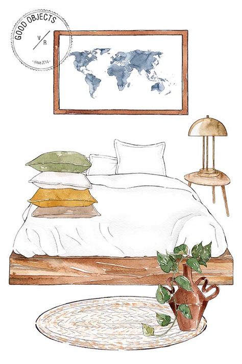 Interior Illustration Sketches, Watercolor Bed, Bedroom Drawing Sketches, Pillow Sketch, Bedroom Watercolor, Watercolor Room, Bed Illustration, Watercolor Bedroom, Furniture Illustration