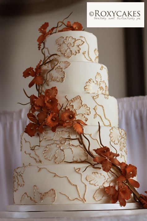 mix of burnt orange orchids, cinnamon, ivory and gold accents: roxycakes.ca Tiered Cake, Fall Cakes, Fall Wedding Cakes, Orange Wedding, Wedding Cake Inspiration, October Wedding, Wedding Cake Designs, Fancy Cakes, Classic Elegant