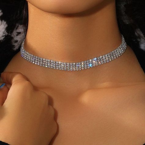 UILZ 2023 Fashion European Style Women Bundle Neck Element Necklace Jewelry Punk Hip Hop Choker Sparkly Necklace Prom, Choker Necklace Diamond, Formal Crystal Choker Necklace, Silver Diamond Choker, Diamond Choker Outfit, Necklace For Prom, Pretty Choker Necklace, Diamond Chocker, Choker Aesthetic