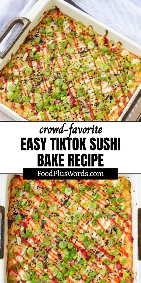 Check out this super popular and yummy TikTok Sushi Bake recipe! It's like a sushi roll in casserole form – so cool! Great for parties, it's creamy and delicious. This awesome dish is full of seafood goodness, and you can even watch a video to help you make it. It's healthy too! In under 40 minutes, you'll have a perfect potluck dish that everyone will love. Don't miss out on this viral recipe sensation! Sushi Bake Tiktok, Sushi Roll Bake, Sushi Pan Recipe, Tiktok Sushi Bake, Dairy Free Sushi Bake, Teriyaki Chicken Sushi Bake, Lazy Sushi Bake, Veggie Sushi Bake, Sushi In A Pan