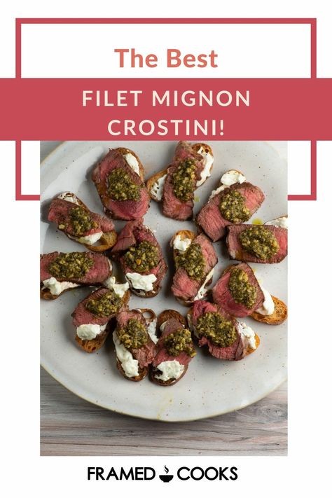 Filet Crostini, Dinner Party Appetizer, Pesto Crostini, Artichoke Appetizer, Dinner Party Appetizers, Toasted Crostini, Crostini Appetizers, Mignon Steak, Filet Mignon Steak