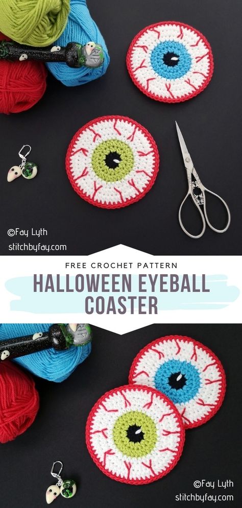 Halloween Table Decor Elements - Free Crochet Patterns Halloween Applique, Fall Crochet Patterns, Crochet Eyes, Crochet Coaster Pattern, Halloween Crochet Patterns, Crochet Fall, Holiday Crochet, Fun Crochet Projects, Halloween Crochet