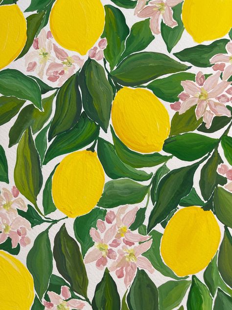 Lemon Gouache Painting, Lemons Painting Acrylic, Lemon Art Print, Acrylic Painting Lemon, Painting Lemons Acrylic, Lemon Pattern Wallpaper, Painting Ideas Lemons, Lemon Acrylic Paintings, Lemon Art Paintings