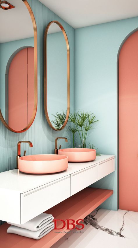 Bathroom Colour Blocking, Bright Washroom Ideas, Bright Coloured Bathroom Ideas, House Design Colourful, Colorful Bathroom Interior Design, Colorful Tiny Bathroom, Small Bathroom Inspo Modern, Modern Bold Bathroom, Colourful Family Bathroom