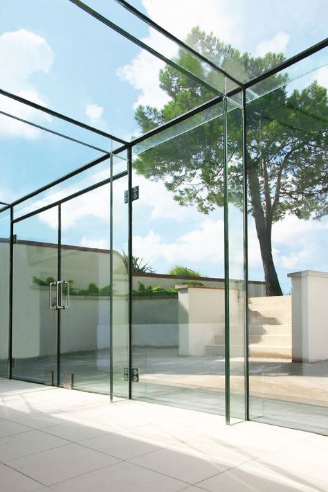 For many years the only glass structure available to enhance your home has been a traditional Upvc conservatory which protected you ... Glass Box Extension, Glass House Design, Glass Pavilion, Glass Curtain Wall, Room Extensions, Glass Extension, Glass Structure, Glass Room, House Extension Design