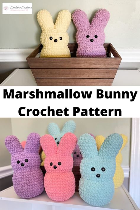 Marshmallow Bunny Crochet Pattern - Crochet It Creations Crochet Marshmallow Bunny Pattern, Crochet Bunny Peeps Free Pattern, Crochet Easter Peeps Patterns Free, Free Peep Crochet Pattern, Peep Bunny Crochet Pattern, Free Crochet Peeps Pattern, Crochet Patterns For Spring, Marshmallow Crochet Pattern, Crochet Easter Amigurumi Free Patterns