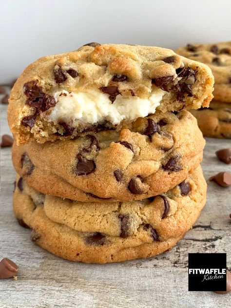 Fitwaffle Cheesecake, Stuffed Christmas Cookies, Cream Cheese Stuffed Cookies, Cheesecake Stuffed Chocolate Chip Cookie, Giant Stuffed Cookie Recipes, Cake Stuffed Cookies, Cheesecake Stuffed Cookies, Food Polls, Cookie Chocolate Chip