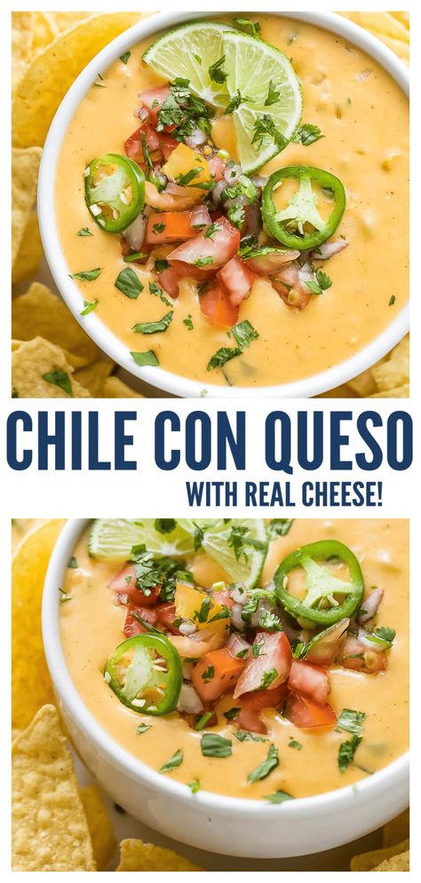 Made with real cheese this Chile con Queso is incredibly creamy and packed with poblanos, green chilis and onions. It's a smokey and spicy one-pot dip. Topped with fresh pico de gallo and herby cilantro, for the perfect appetizer! #quesodip #quesorecipe #chileconqueso #appetizer #diprecipes #cheesedip Green Chile Queso Dip, Hatch Green Chili Queso, Lactose Free Queso Dip, Chili Cheese Queso Dip, Cafe Rio Queso Dip, Chile Con Queso Recipe, Chilli Con Queso Dip, Fresh Green Chili Recipes, Authentic Queso Recipe