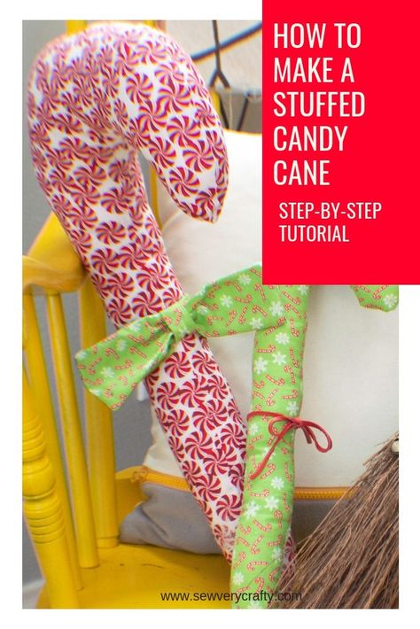 Make these super simple DIY stuffed candy cane pillows.  This step-by-step tutorial will show you how.  For me this project is all about the candy cane fabric.  It is a fun addition to this project.  This candy cane project only takes basic sewing skills and a little bit of fabric to complete. Not only is this a festive Christmas project to make it is quick and easy too.  So give this one a try. #sewingtutorial #sewingproject #sewingpattern Candy Cane Pillow Diy, Fabric Candy Cane, Diy Gumball Machine, Fabric Candy, Basic Sewing, Free Candy, Diy Candy, Christmas Makes, Fabric Baskets