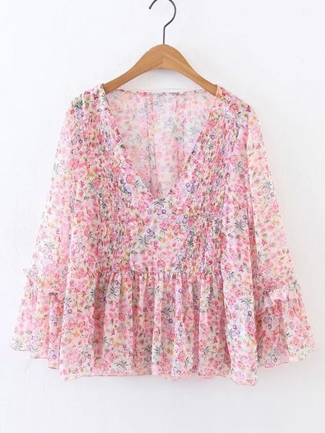 Shop V-Neckline Ruffle Hem Floral Chiffon Blouse online. SheIn offers V-Neckline Ruffle Hem Floral Chiffon Blouse & more to fit your fashionable needs. Chiffon Tops For Women Trendy, Pink Chiffon Blouse, Printed Chiffon Blouse, Chiffon Shirt Blouse, Women Chiffon Blouse, Floral Chiffon Blouse, Long Kurti, Trendy Fashion Tops, Simple Outfit