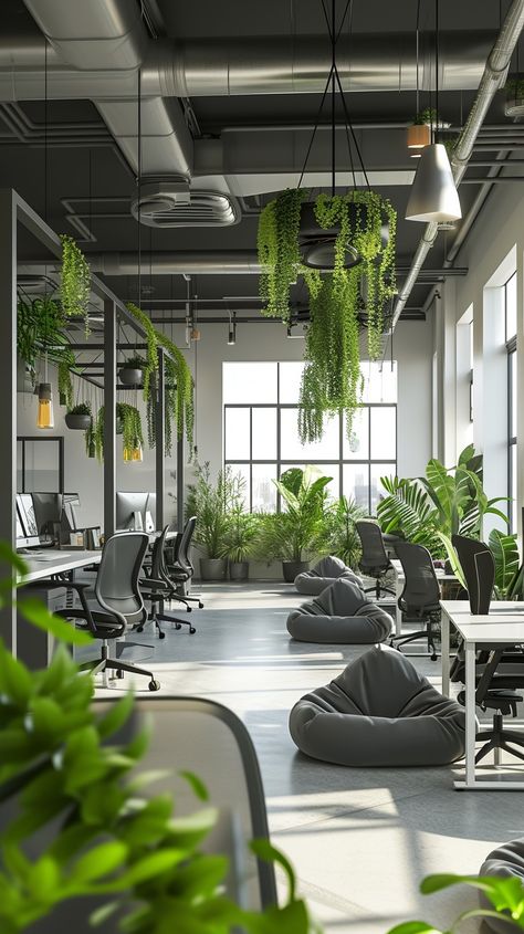 Green Office Space: A modern office space filled with green plants, creating a tranquil and productive workspace environment. #office #plants #modern #greenery #workspace #contemporary #natural light #tranquil #aiart #aiphoto #stockcake https://ayr.app/l/smem Green Coworking Space, Modern Workspace Office, Industrial Workspace Design, Green Working Space, Cowork Space Design, Office With Plants Interiors, Company Design Office, Industrial Office Space Design, Creative Office Space Workspaces Design