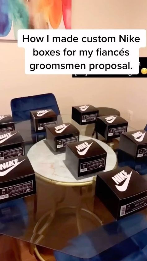 ann.wynn on Instagram: How I made custom Nike boxes for Louis’s groomsmen proposal! 🖤 Nike Boxes, Nike Birthday, Dr Wedding, Birthday Dream, Birthday Luxury, Groomsmen Boxes, Groomsman Proposal Box, 23 Birthday, Groomsmen Ideas