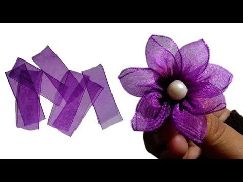 DIY Organza Flower | Easy Ribbon Flower | Amazing Ribbon Work - YouTube How To Make Flowers Out Of Ribbon Diy, Ribbon Flowers Diy Easy Hair Bows, Organza Ribbon Crafts, Diy Flowers From Ribbon, Wired Ribbon Flowers Diy, Diy Flowers With Ribbon, Flowers Made With Ribbon, Making Flowers Out Of Ribbon, Flower Made Of Ribbon