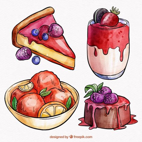 Sweet desserts collection in watercolor ... | Free Vector #Freepik #freevector Drawing Of Sweets, Sweet Drawing Ideas, Sweet Art Drawing, Sweet Food Drawing, Desserts To Draw, Cute Dessert Drawings, Dessert Art Drawing, Watercolor Art Food, Sweets Painting